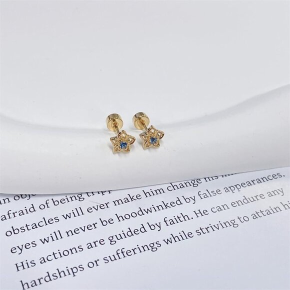 Blue Floral CZ Small Stud Earrings for Sensitive Ears, Hypoallergenic Stainless - Picture 2 of 6